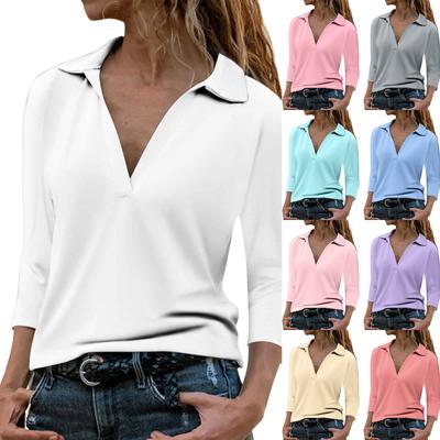 Women's Casual Fashion Solid Color 3/4 Sleeve V-Neck Lapel Comfortable Pullover Top