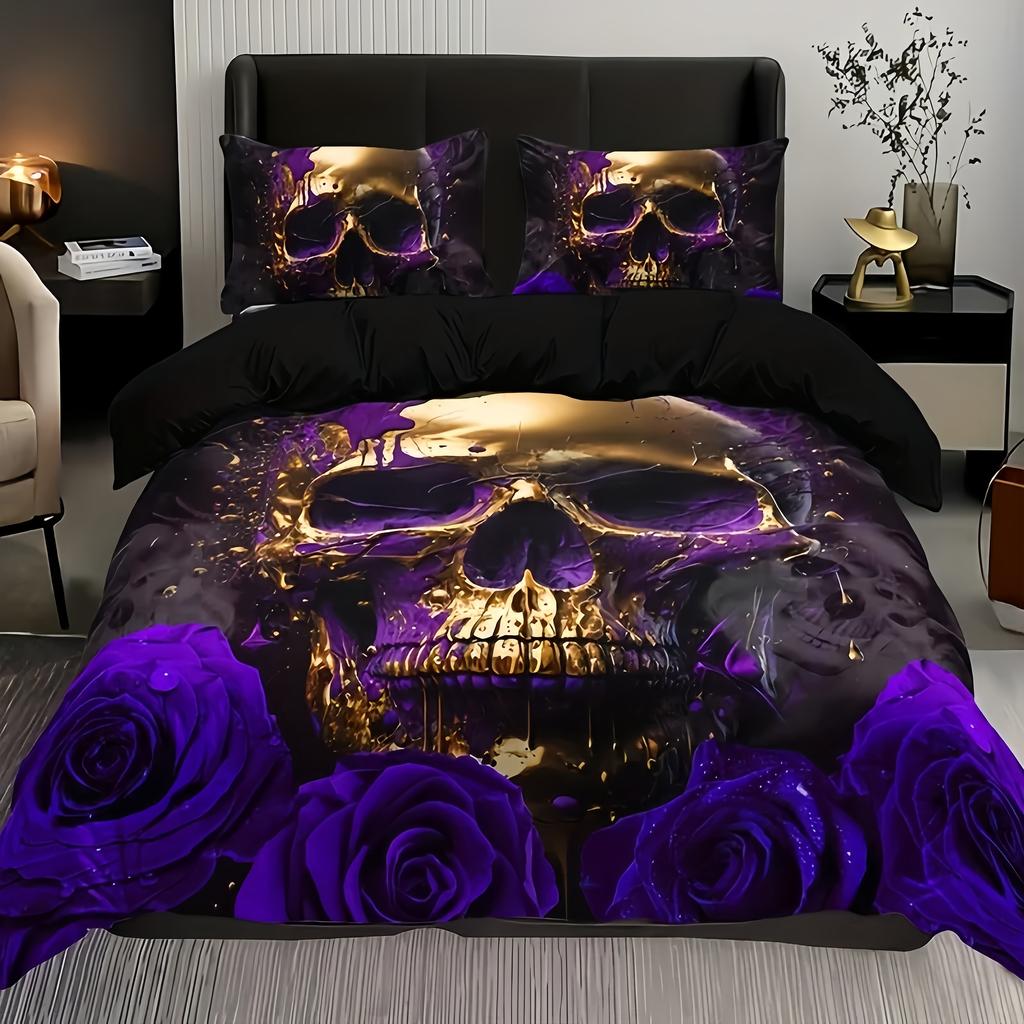 Soft And Breathable Duvet Cover Set Purple Rose Skull Pattern Bedding Set For Bedroom Guest Room And Dorm Decor