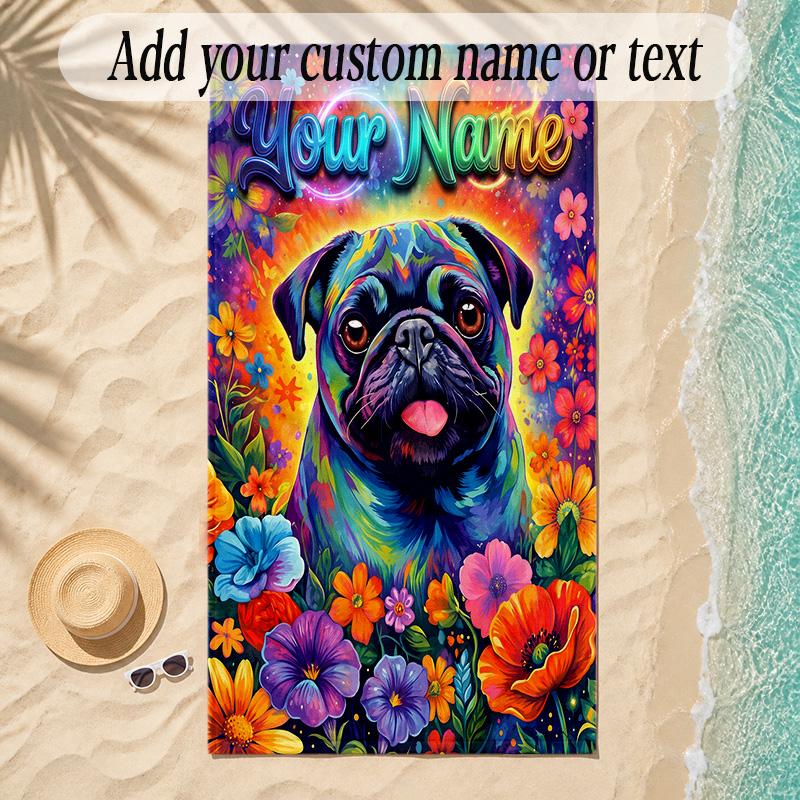 Pug Theme Soft Beach Towel Personalized Custom Name Text Towel Portable for Beach Pool Travel
