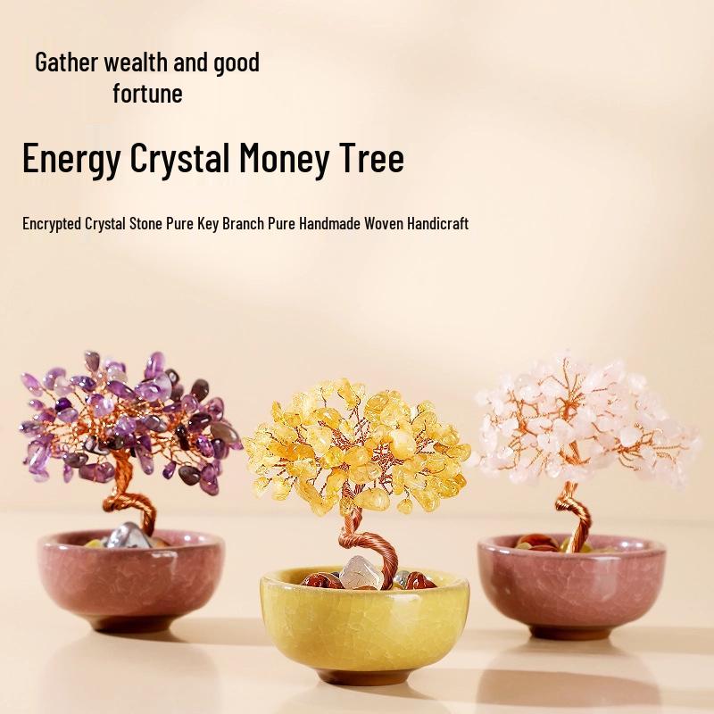 Yellow & Purple Crystal Gravel Fortune Tree Tabletop Ornament for Wealth and Home Decor