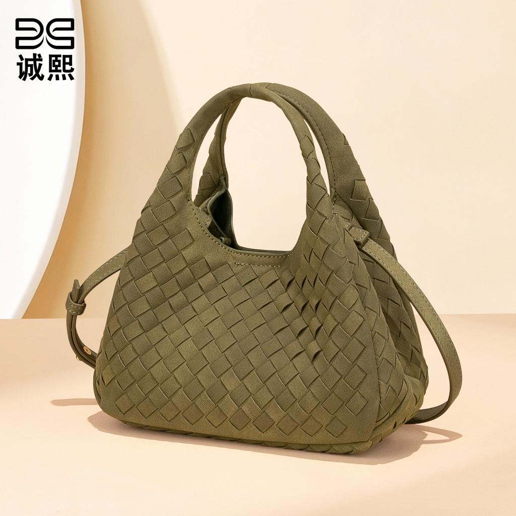 2026 Autumn Winter New Abrasive Woven Bucket Bag Women's Dish Basket Mother Hand Tote Bag Casual Single Shoulder Diagonal Cross Bag