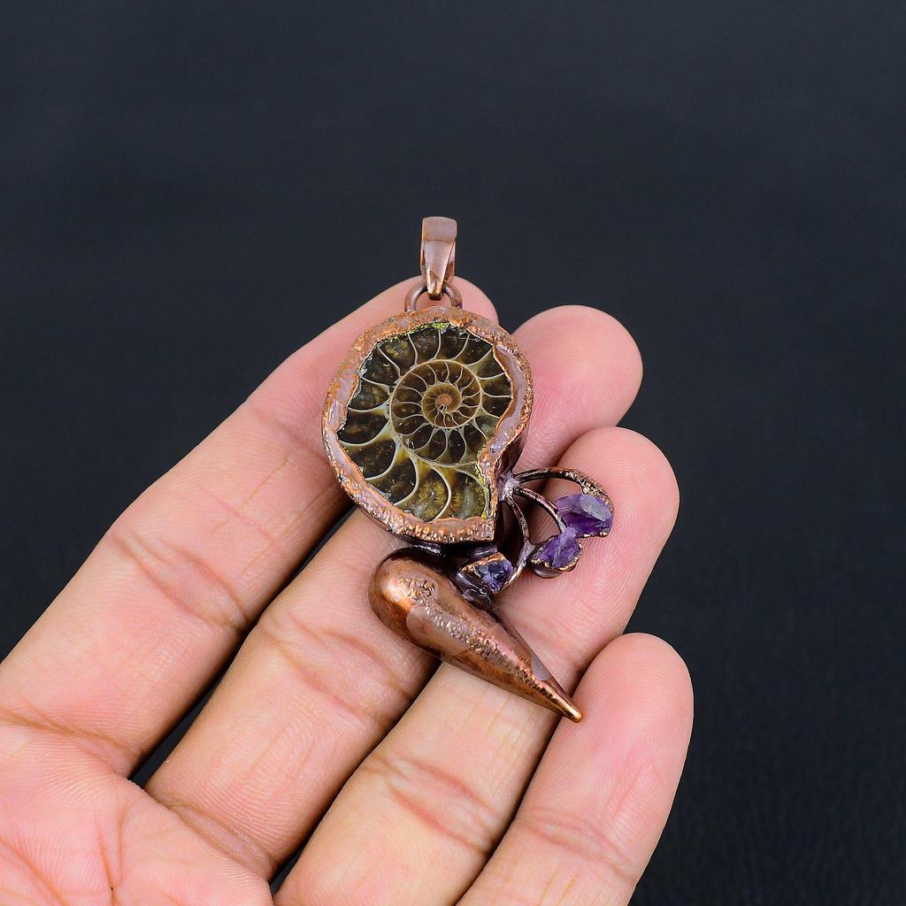 Ammonite Fossil Pendant, Gemstone Copper Electroformed Jewelry Pendant, Handmade Jewelry Beautiful Pendant