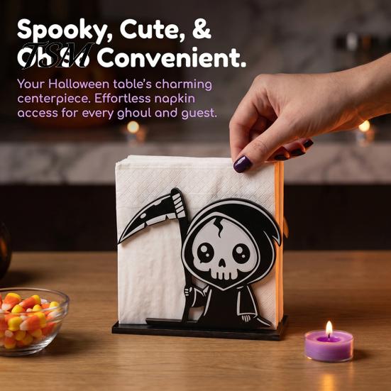 Cute Halloween Home Decor Wooden Napkin Holder, Pastel Pumpkin Ghost Black Cat Tabletop Tissue Dispenser, Functional Dispenser Waterproof Decorative