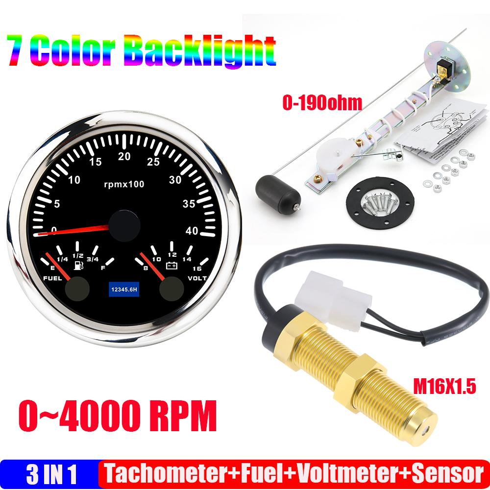 85mm Auto Car Gauge 3-in-1 Tachometer Fuel Level Voltmeter 7 Color Light Multimeter with Sensor 0-190ohm Boat/Yacht 12V