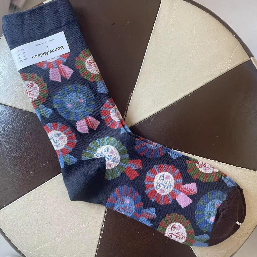 Bonne Maison: Retro-Ölgemälde-Socken für Damen, mittelhoch, luxuriös, französisch, bis zur Wade