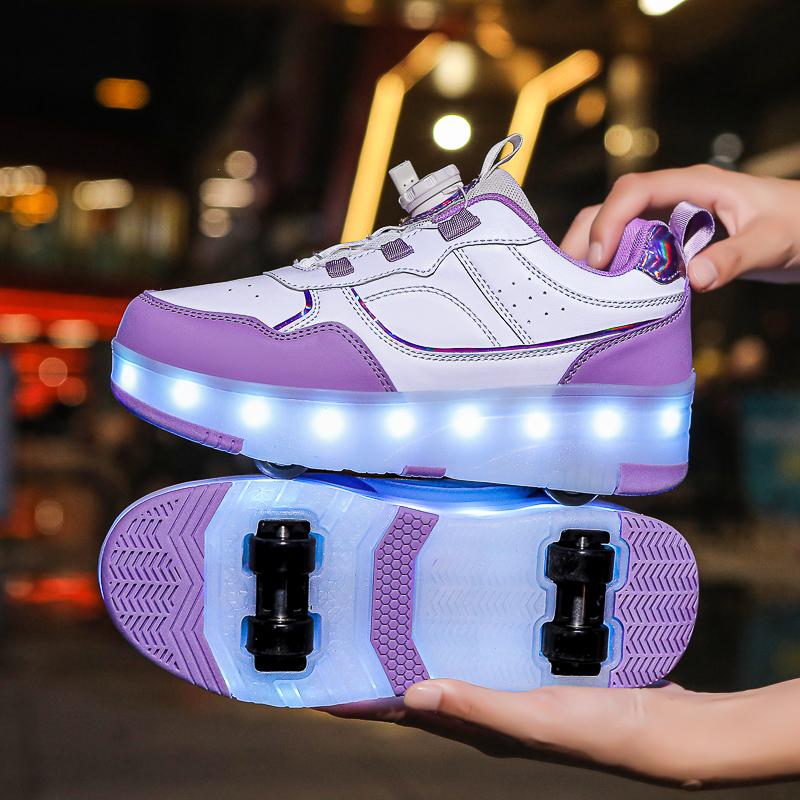 Kid's Rotating Button Wear Quick Four Wheel Running Shoes with Wheels Sports Shoes USB Charging LED Light Sports Shoes Girls Roller Skates