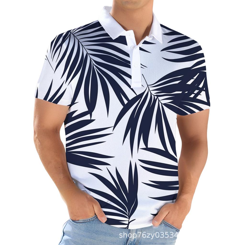 Short-sleeve polo shirt with golf stick figure prints, versatile casual top.