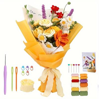 DIY Rose Bouquet Crochet Kit with Yarn - Complete Knitting Set for Wedding & Valentine's Day Gifts - Assorted Colors for Crafting Enthusiasts
