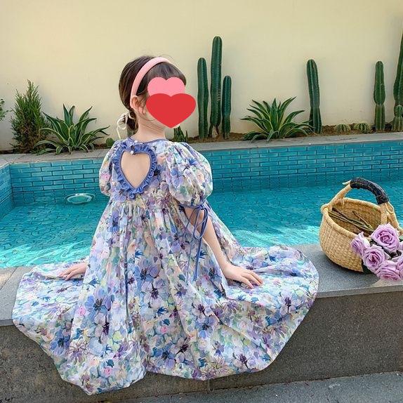 Girls Korean Floral Puff Sleeve Backless Princess Dress Summer Fashionable Children Clothing
