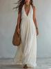 Women's Halter Deep V Neck Empire Waist Flowy Maxi Dress Sleeveless Boho Beach Wedding Guest Long Gown
