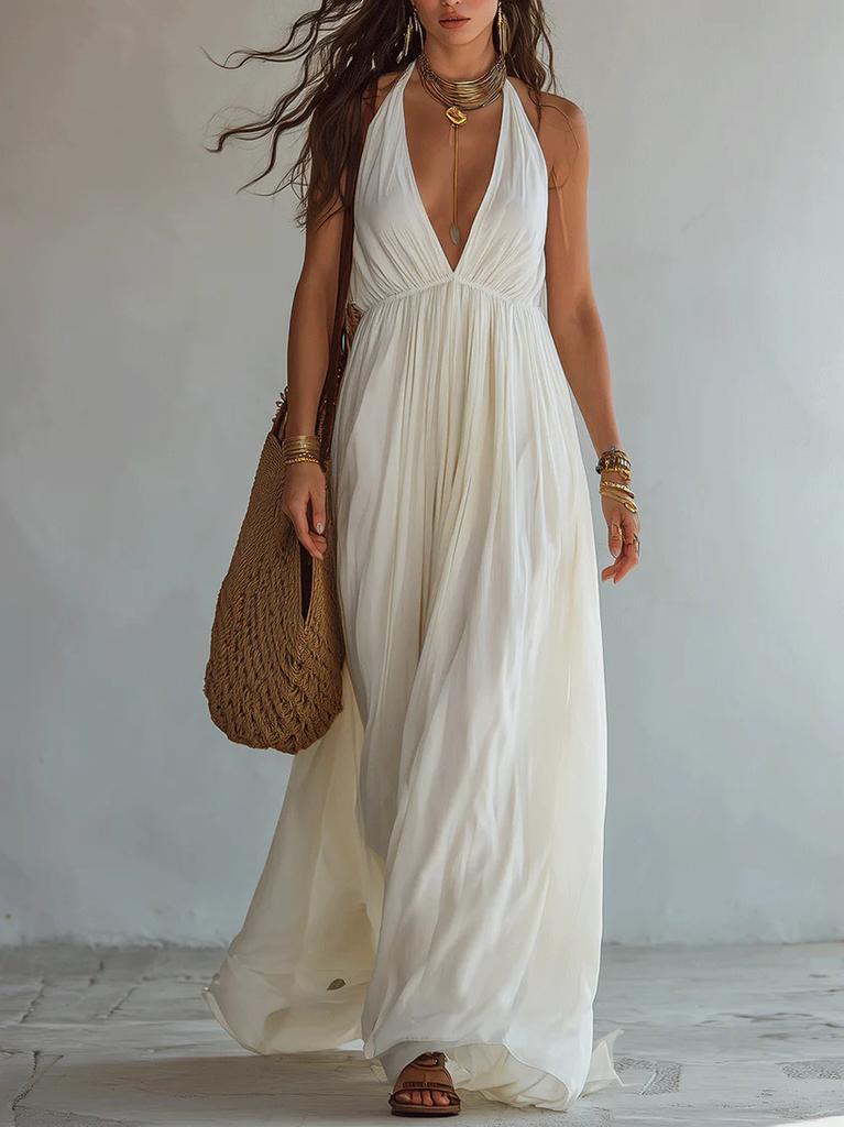 Women's Halter Deep V Neck Empire Waist Flowy Maxi Dress Sleeveless Boho Beach Wedding Guest Long Gown