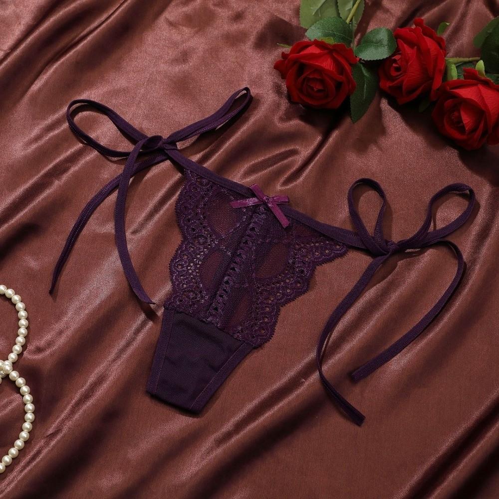 Adjustable Waist Strap Bow Lace Flower Transparent Briefs Low Waist Romantic T Panties Gift