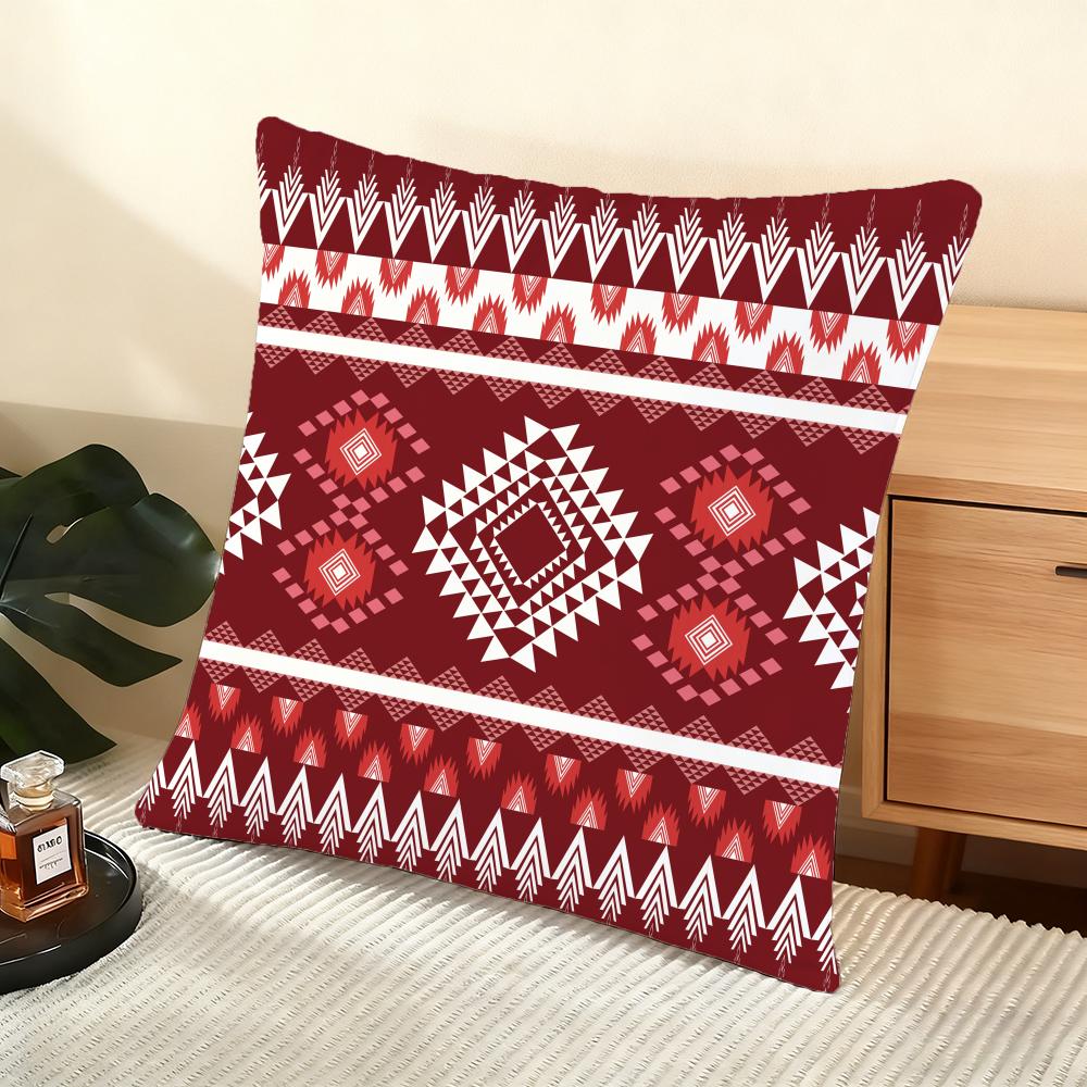 Red Tribal Aztec Kilim Pattern Cushion Cover Soft Short Plush Pillow Cover Smooth Cozy Texture Aesthetic Cushion Case Home Decor