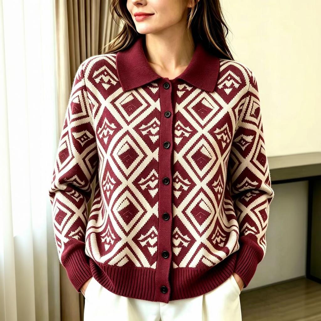 Women's Casual Loose Fit Plaid Cardigan Sweater with Collar Long Sleeve Fall Winter