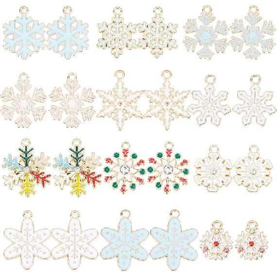 SUNNYCLUE 1 Box 36Pcs 6 Style Snow Charms Christmas Snowflake Charms Xmas Winter Rhinestone Pendants for Jewelry Making DIY Bracelet Necklace
