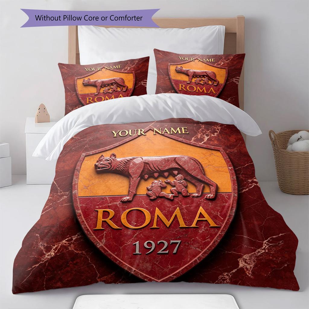 Nome Personalizzato, Fantasia AS Roma Biancheria da Letto Decorazione Casa Regalo di Compleanno ( 1 copripiumino + 2 federe, senza imbottitura),merchandising per fan.