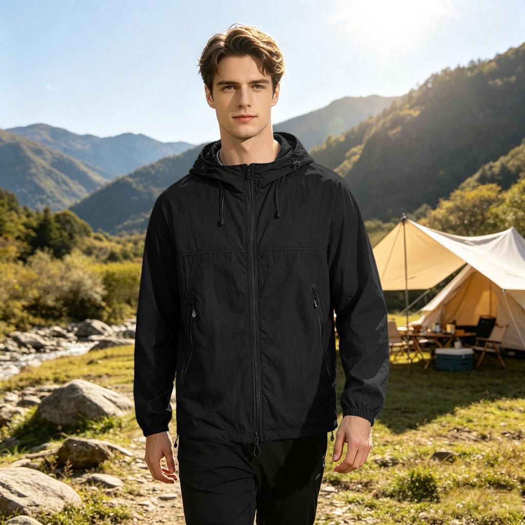 Men's Lightweight Hooded Sun Protection Jacket UV Resistant Outdoor Windbreaker with Zipper Pockets and Adjustable Drawstrings for Travel