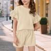Girls Plain Color Casual Fashion Two-Piece Set Short Sleeve Top And Shorts