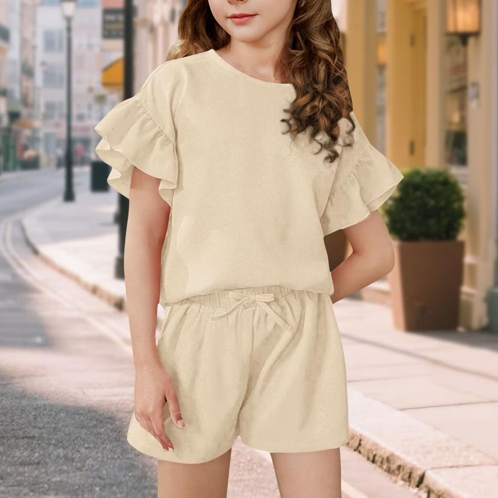 Girls Plain Color Casual Fashion Two-Piece Set Short Sleeve Top And Shorts
