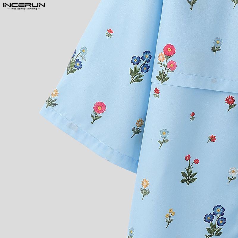 INCERUN Men Lapel Neck Short Sleeve Floral Print Lace-up Casual Hawaiian Summer Shirts
