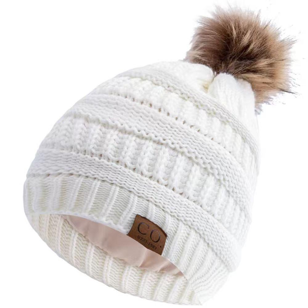 New Anti-Static Beanie Hat Satin Lined Faux Fur Pom Pom Beanies Hat For Woman Winter Warm Knit Hats