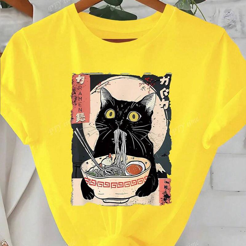 Women Summer T Shirt Kitty Retro Fashion Short Sleeve Tees Casual   Printed  Tops