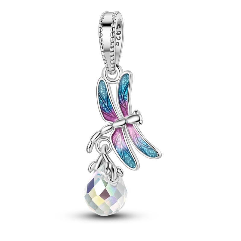 100% 925 Silver Exquisite Colored Dragonfly Charms Pendants Sparkling Zircon Fit Qikaola Original Bracelets DIY Jewelry