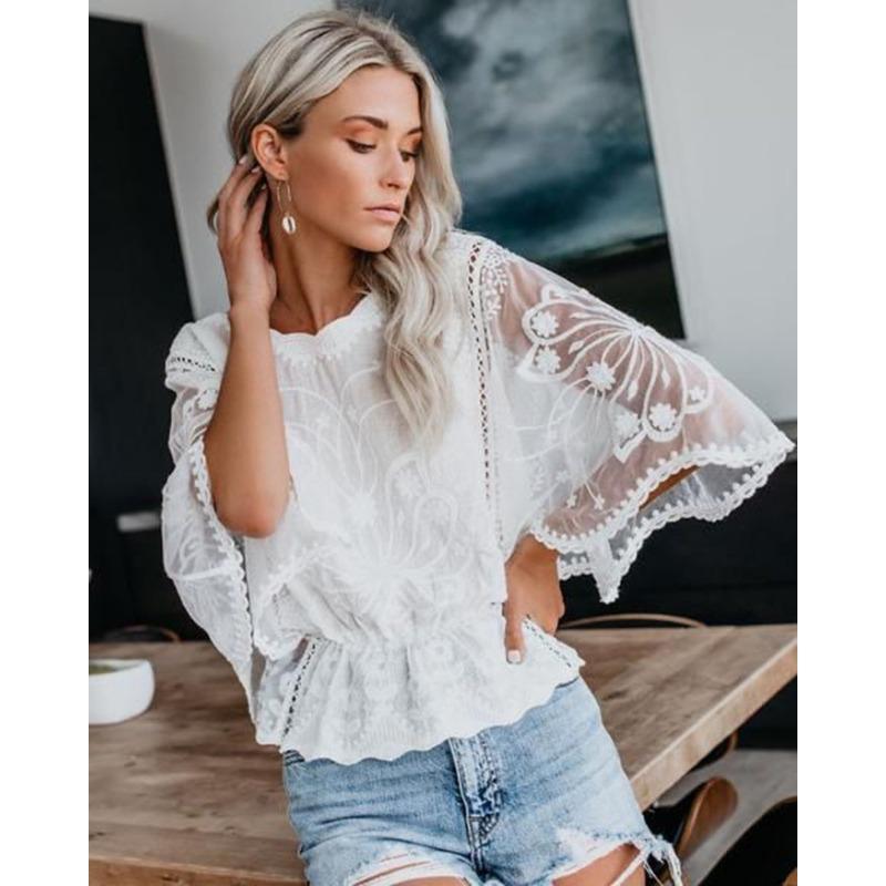 Nuova Moda Pizzo Estate Camicetta Donna Manica Corta Larga Camicia Manica a Pipistrello Top Larghi da Donna Scollo a O Tinta Unita Elegante Slim Fit Abbigliamento da Ufficio