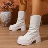 Pleated Platform Mid-leg Boots Autumn Winter New Round Toe Back Zip Non-slip Block Heel Stack Boots