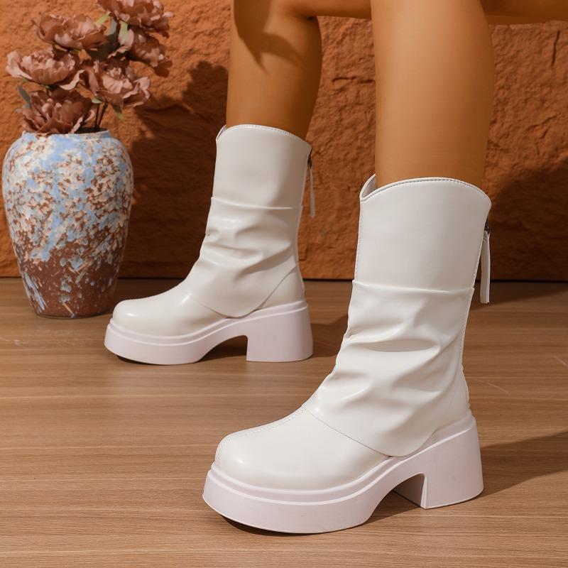 Pleated Platform Mid-leg Boots Autumn Winter New Round Toe Back Zip Non-slip Block Heel Stack Boots