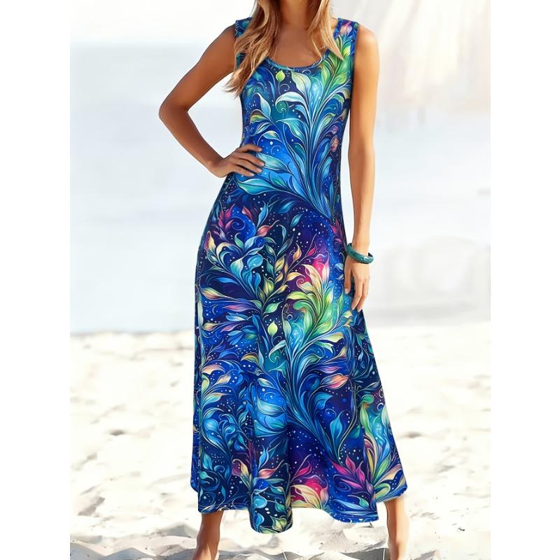 Dresses for Woman Vest Dress Beach Holiday Round Neck Sleeveless A-Line Long Skirt Starry Iridescent Floral Gradient Print
