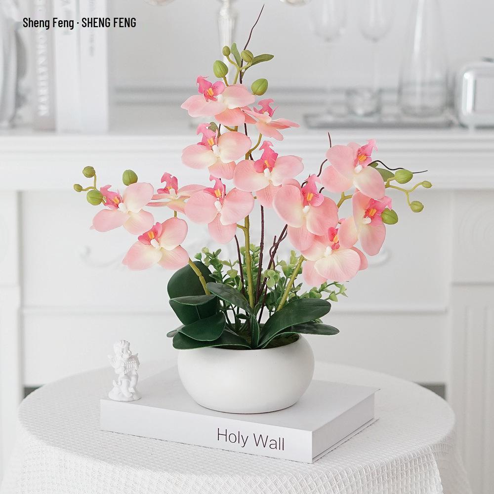 Phalaenopsis Artificial Flower Arrangement in Ceramic Pot – Decorative Faux Orchid for Living Room