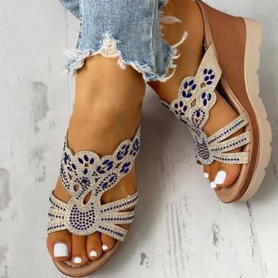 Damen-Sandalen mit Strass-Ausschnitt und Keilabsatz, offene Zehen, rutschfeste Slides, Schuhe, leichte Outdoor-Hausschuhe