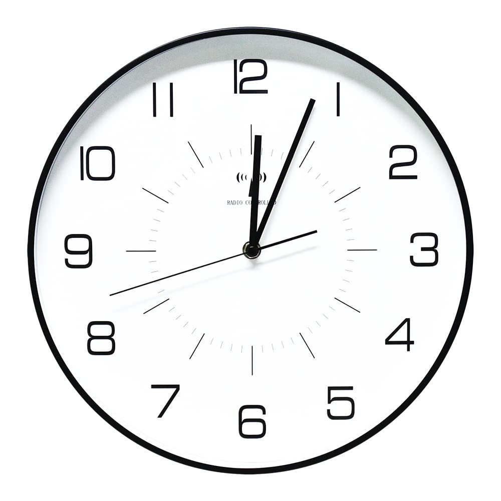 [Besttime] RC260F Rádiem řízené nástěnné hodiny, bílý ciferník, černý metalický, průměr 33x5,5cm, vybaveny anténou s vysokým zesílením