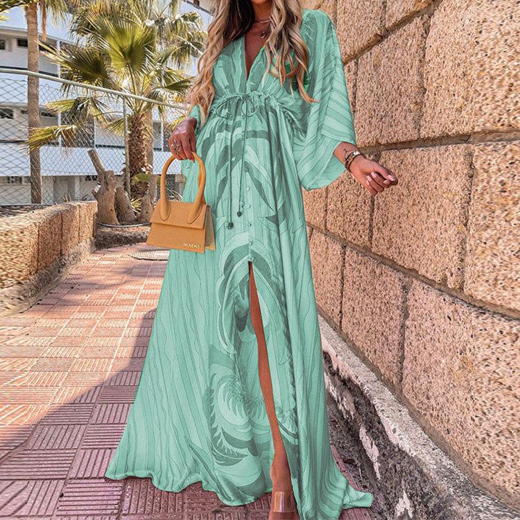 

Весеннее женское платье макси с V-образным вырезом, принтом и шнуровкой XL