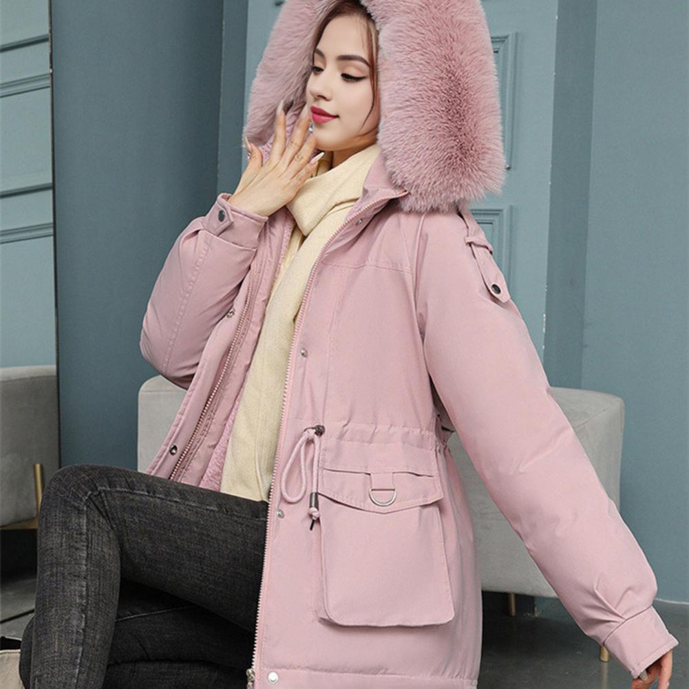 Women Winter Coat Thick Plush Furry Hooded Long Sleeves Pockets Drawstring Waist Zip up Windproof Mid Length Overcoat Outdoor Ou