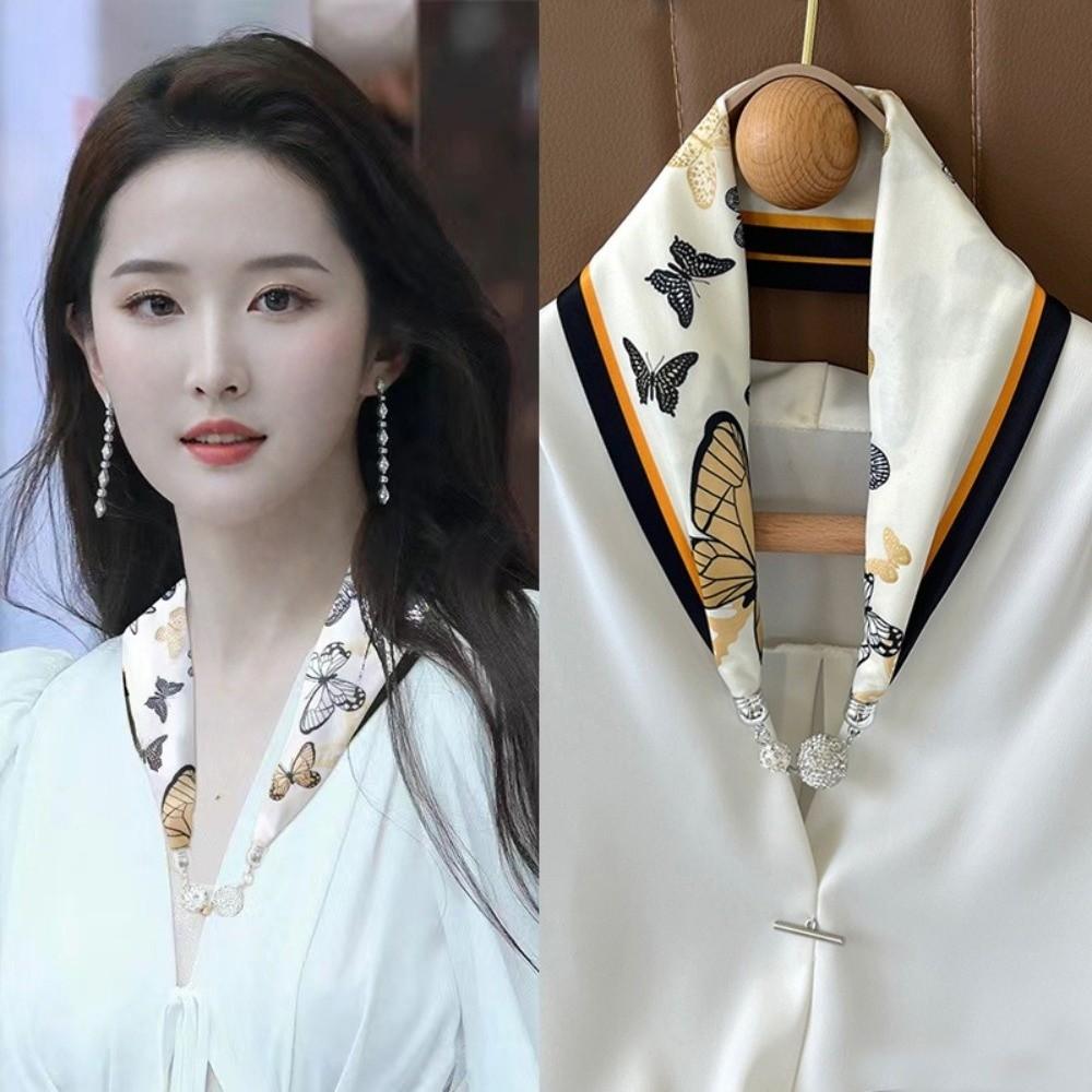 Pearl Diamond Silk Scarf Korean Retro Women's Scarf Chain Magnetic Buckle Scarf  Effortless Styling