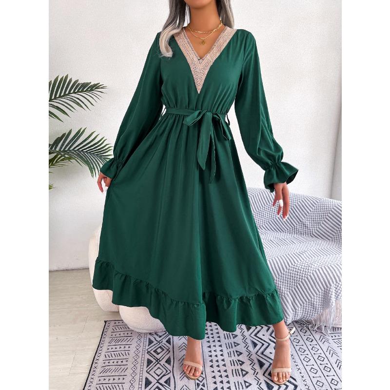 Women's Autumn-winter Style V-neck Lace Pinched Waist Long Dress