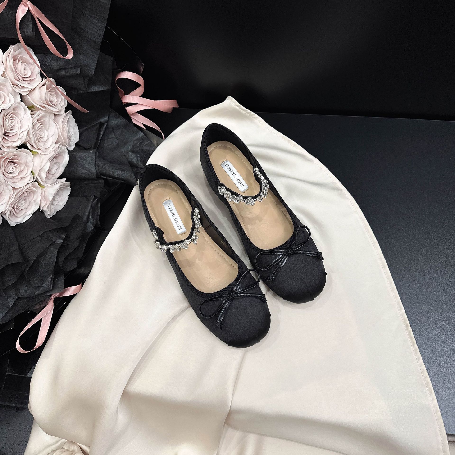 

2025 autumn new French heightening 4cm satin bow Mary Jane shoes rhinestone word with thick heel single shoes women 39 чёрный