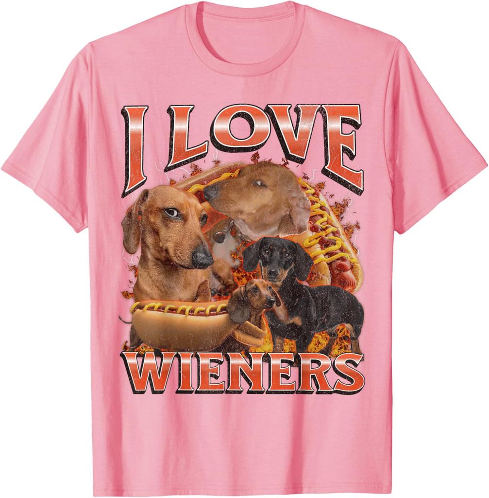 I Love Wieners Dachshund Dog Hot Dog Graphic Tee Funny Casual Cotton Short Sleeve T-Shirt Pets Owner Walking Outdoor