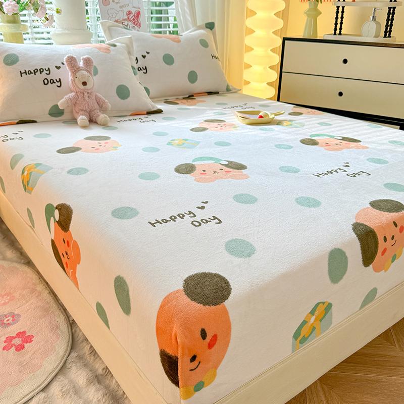 Soft Bedsheet Warmth Fitted Sheet Cartoon Style Bed Linen Velvet Bed Cover Sheets with Elastic Band Drap De Lit (No Pillowcase)
