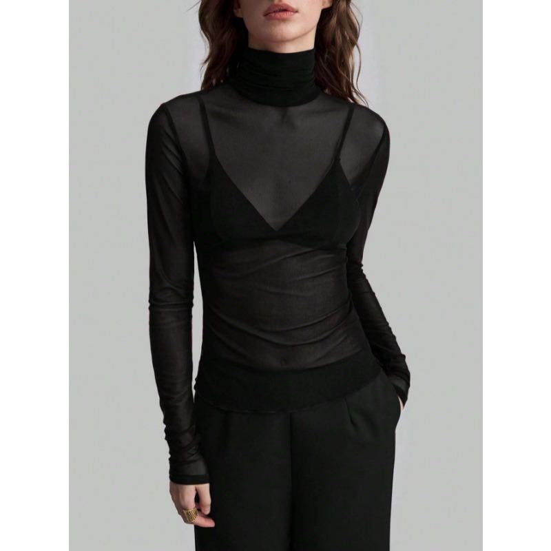 Элегантная Прозрачная Сетчатая Блузка с Длинным Рукавом Женская Весна Осень Новая Повседневная Стойка Воротник Однотонная Рубашка Уличная Одежда Сексуальные Модные Топы Одежда S