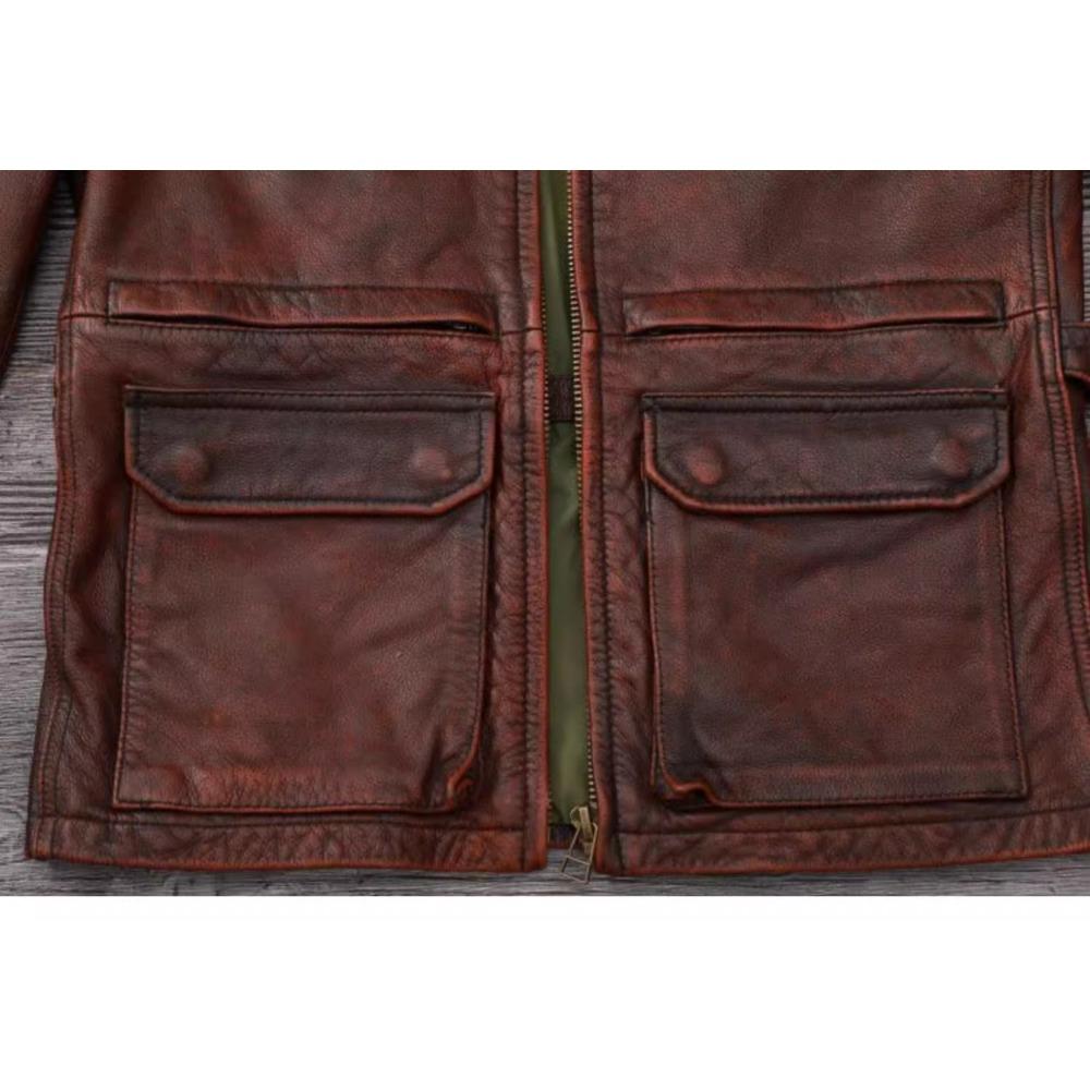 Chinese Size Vintage Red Brown Men Leather Jacket M65 Hunting Flight Jacket Genuine Cowhide Coat Autumn