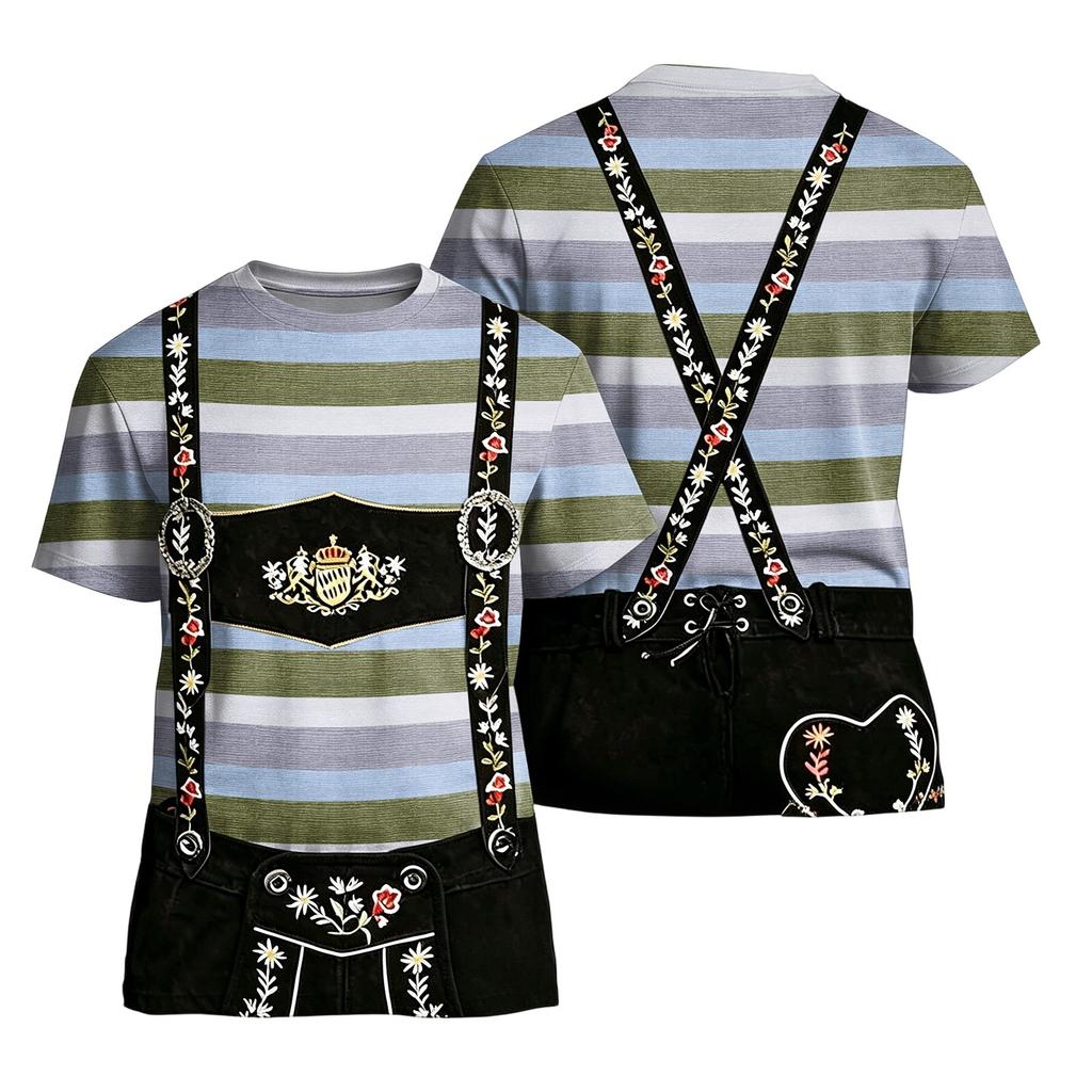 T-shirt da uomo per l'Oktoberfest con stampa testurizzata vintage, manica corta, vestibilità larga, casual, estiva, per uso quotidiano, top con bretelle grafiche e ricami