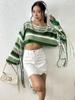 Women's Rainbow Stripe Tassel Knitted Sweater Sexy Ultra Short Open Umbilical Loose Sweater
