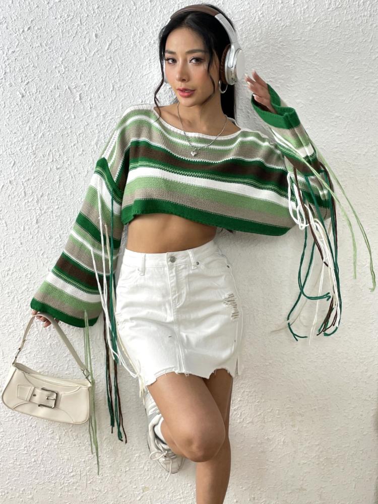 Women's Rainbow Stripe Tassel Knitted Sweater Sexy Ultra Short Open Umbilical Loose Sweater