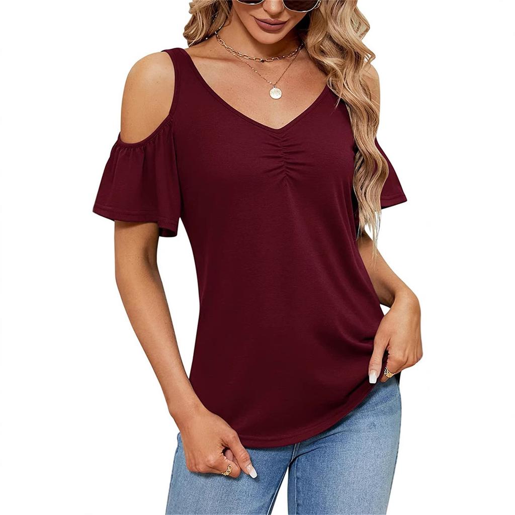 Women's Fashion Casual V-Neck Off-Shoulder T-Shirt Cropped Ruffle Sleeves Hollow Waist Shirt