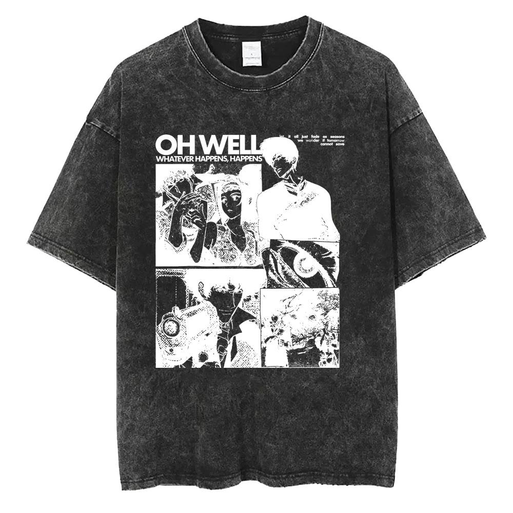 Anime Cowboy Bebop Vintage Washed T-shirt Manga Spike Spiegel Whatever Happens Happens T-shirts Retro Oversized Tee Shirt Unisex