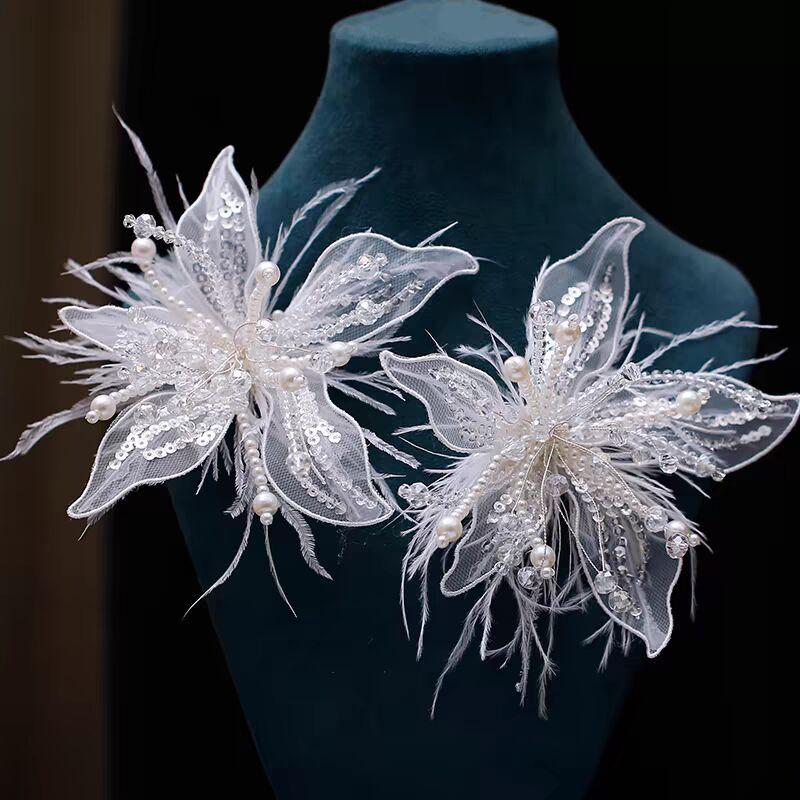 Super fairy handmade white lace flower feather hairpin bridal wedding accessories and makeup edge clip beautiful headgear