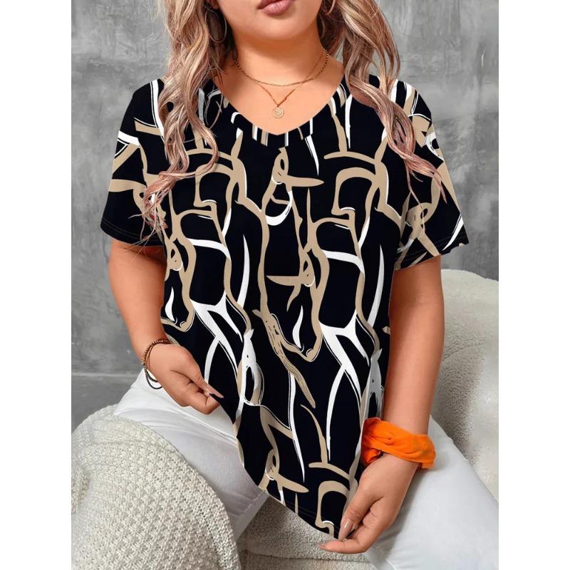 Sommer Damen 3D-Druck V-Ausschnitt T-Shirt Mode Vielseitig Trend Atmungsaktiv Lässig